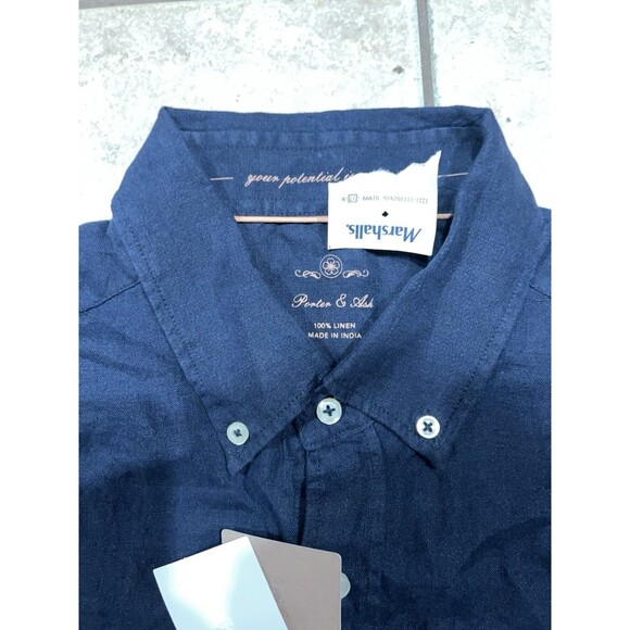 Porter & Ash Linen Shirt Mens Large Blue Casual Party Button Down Short Sleeve - Picture 2 of 7